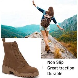 Chunky Heel Boots Suede Leather Combat Lace Up Ankle Tan Crown Vintage Size 9.5